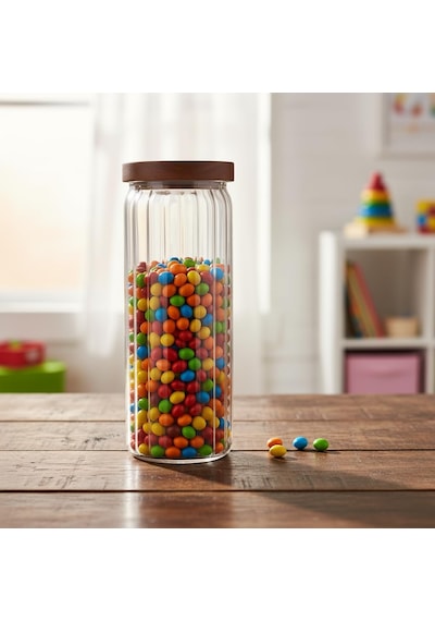 Akasya Kapaklı Uzun Çizgili Cam Kavanoz 1250 Ml Hava Geçirmez, Modern Fitilli Tasarım Gıda Açık Şeffaf