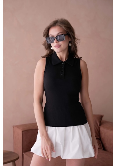 Park Karon Polo Yaka Kolsuz Basic T-shirt Siyah