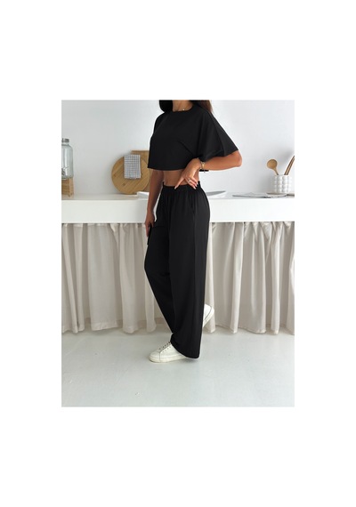 Gugus Yazlık Takım - Alt Üst Kadın Dokulu Kumaş -baggy Pantolon + Salaş Üst Siyah