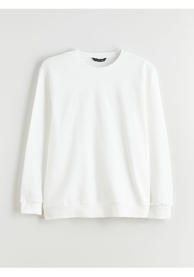 Lcwaıkıkı Classic Beyaz Büyük Beden Bisiklet Yaka Baskılı Erkek Kalın Sweatshirt