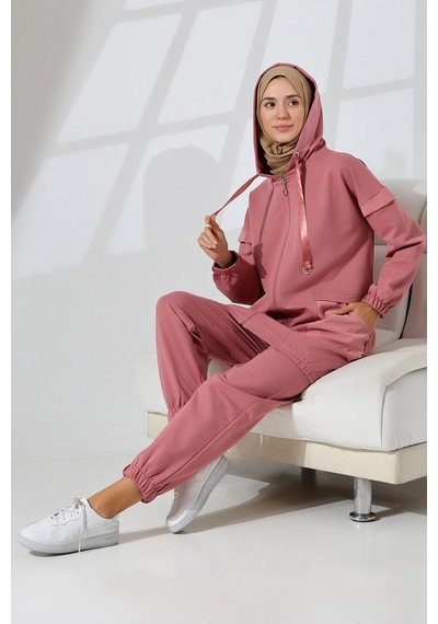 Mihran Butik Kadın Pudra Mevsimlik Penye Alt Üst Spor Ve Rahat Tesettür Takım Pudra