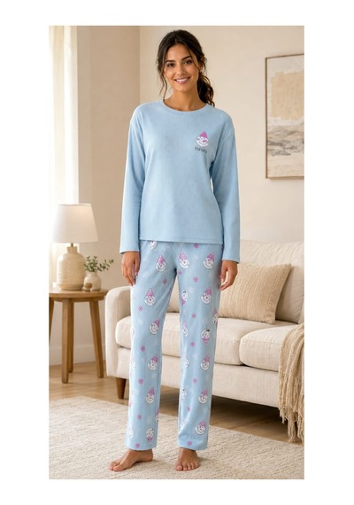 Pemilo Kadın 8811-6 Berlin Uzun Kol Sıfır Yaka Pijama Takım Mavi