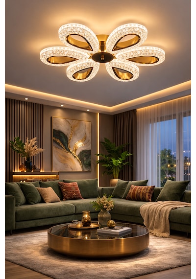 Yagmur 6lı Gold Avize 3 Renk Led Secenekli Salon Oturma Odası Avize Altın - Gold