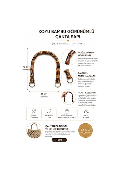 Vollen Yarn Doğal Bambu Çanta Sapı 16x14 Cm 1 Çift 2 Adet Metal Halkalı El Yapımı Çanta Kulpu Çanta Aksesuarı Kahverengi
