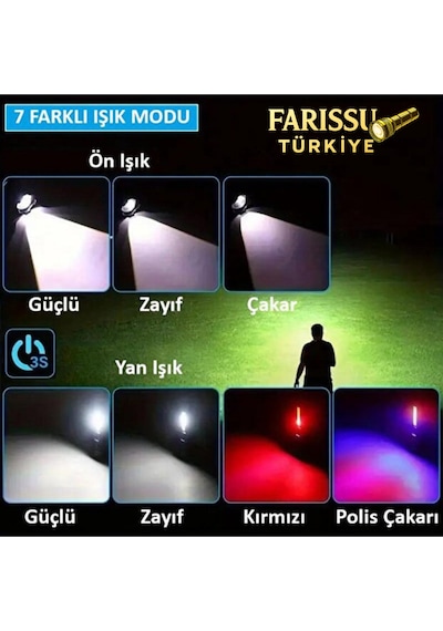 2500 Lümen Şarjlı Taktik Led El Feneri 7 Modlu, Zoom Özellikli, Cob Yan Işıklı + Özel Kılıf Hediyeli Siyah