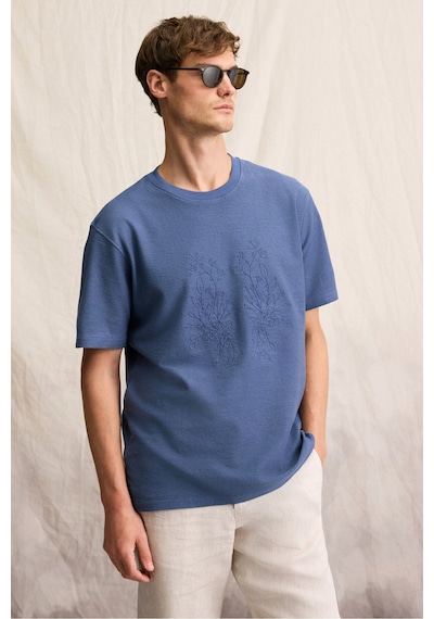 Grımelange NELIDO Erkek Nakış Detaylı %100 Organik Pamuk Bisiklet Yaka Kısa Kollu Regular Fit İndigo T-Shirt