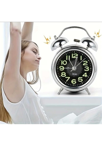Metal Süper Yüksek Sesli Alarm Saati, Işıklı, Fosforlu, Gece Görünen Kadranlar, Sessiz Saniyeli Mavi