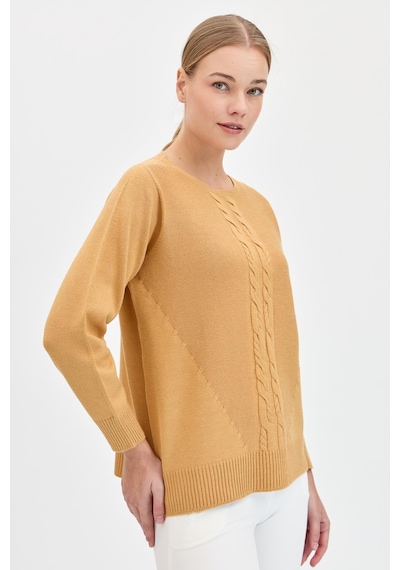 Kadın Sıfır Yaka Önü Saç Örgülü Kazak Camel CAMEL