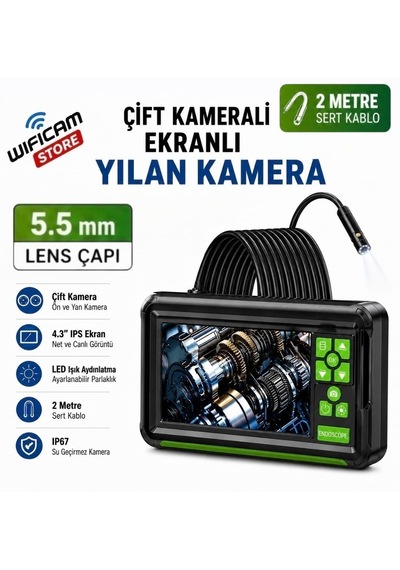 2 Metre Çift Lens Ekranlı Yılan Kamera 5.5mm Lens Sert Kablo