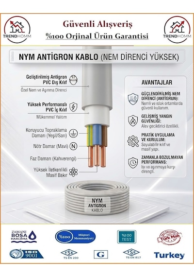 Öznur 3x1,5 Nym Antigron Elektrik Kablosu - %100 Bakır - 10 Metre