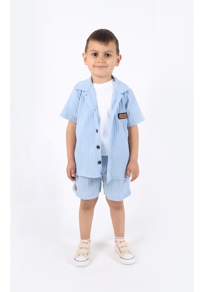 Aden Kids Erkek Çocuk Gömlek+sweatshirt Ve Cepli Şort Alt Üst Takım --ütü İstemez-- Mavi