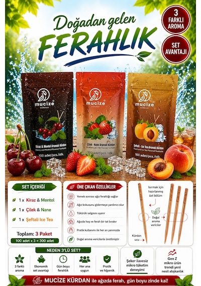 Mucize Aromalı Kürdan 3"lü Doypak Set Kiraz-mentol/çilek-nane/şeftlai-buzlu Cay