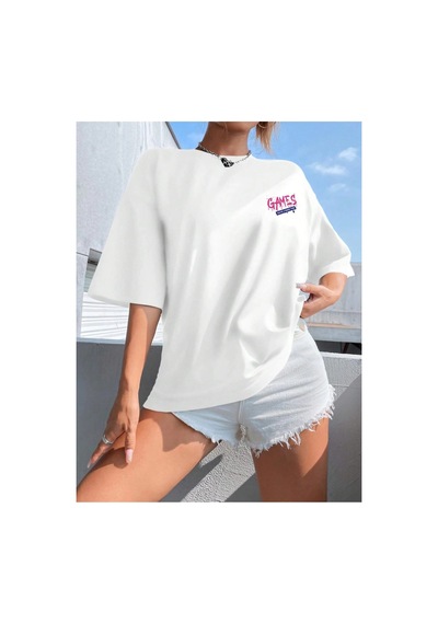 Tarzsokak Kelebek & Slogan Grafikli Düşük Omuz Oversize Tişört Beyaz