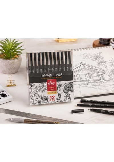 Ayrex 12'li Pigment Liner Teknik Çizim Kalemi Seti Eskiz, Mimari Çizim Ve İllüstrasyon Seti, Suya Dayanıklı Si Genel