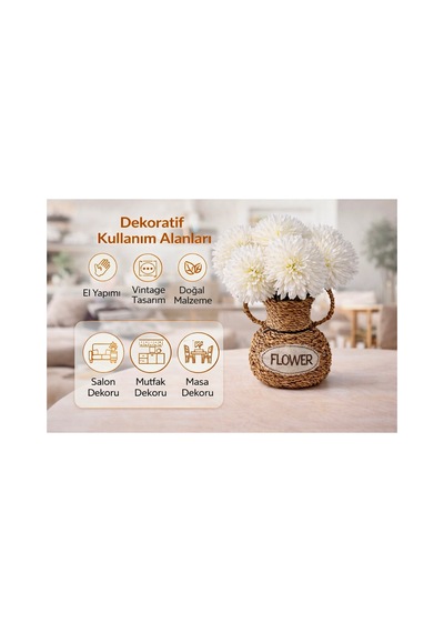 El Yapımı Vintage Tasarım Doğal Hasır Vazo,17 Cm,dekoratif Flower Yazılı Bohem Rattan Saksı,çiçeklik Bej