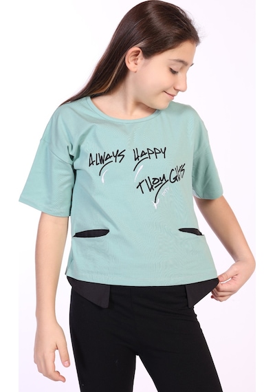 Toontoy Kids Toontoy Kız Çocuk Always Happy Baskılı Tişört Yeşil
