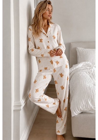 Womanandkids Night Beyaz Kadın Gömlek Yaka Düğmeli Pijama Takımı