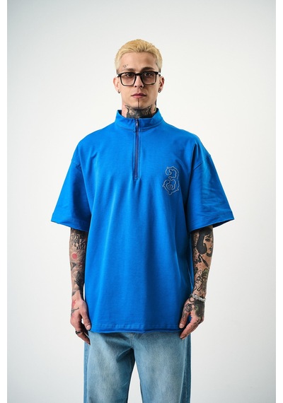 Respire Erkek 3 Nakışlı Yarım Fermuarlı Oversize T-shirt Mavi