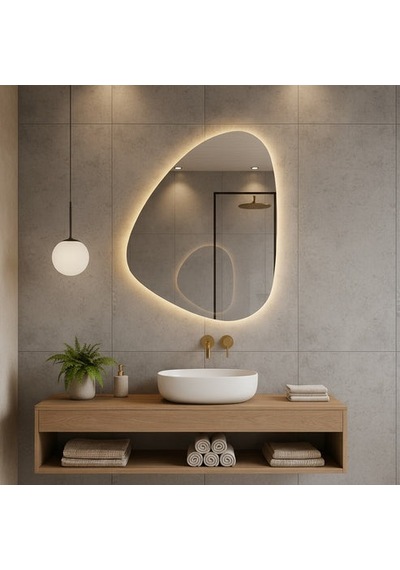 40x55 Cm Modern Asimetrik Led Banyo Aynası Dokunmatik Sensörlü, Dimmerli, 3000k Günışığı Sarı