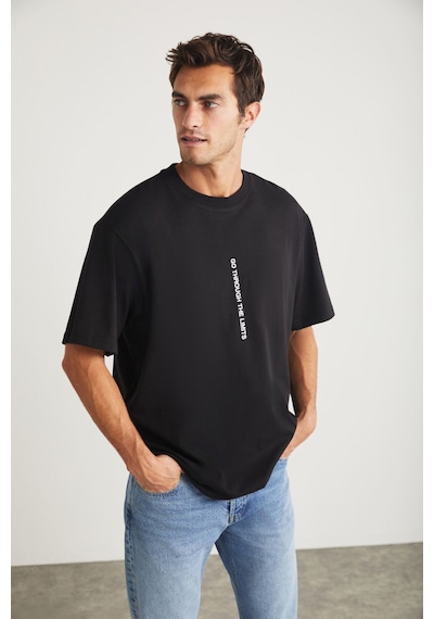 Grimelange Harald Erkek Bisiklet Yaka %100 Pamuk Baskı Detaylı Siyah T-shirt