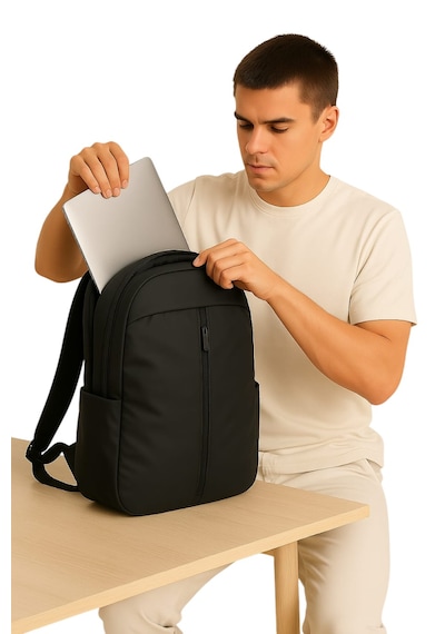 Laptop Sırt Çantası 15,6"inç Suya Dayanıklı Kumaş Fermuarlı Siyah