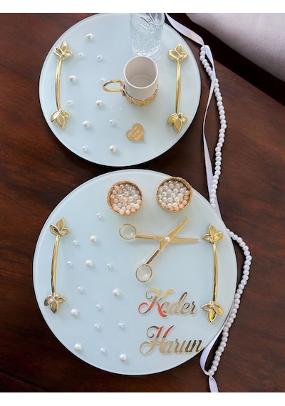 Beloved Gold Beyaz İncili Söz Tepsisi Nişan Tepsisi Ve Damat Kahve Fincan Tepsi Seti Beyaz Beyaz