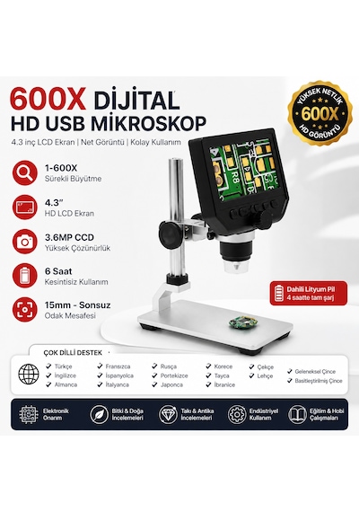 600x Dijital 4.3 İnç Lcd Ekranlı Hd Usb Mikroskop Elektronik, Takı Ve Eğitim İçin