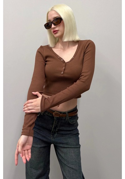 Madmext Acı Kahverengi V Yaka Uzun Kollu Düğme Detaylı Kaşkorse Bodysuit Mg2194 Acı Kahverengi