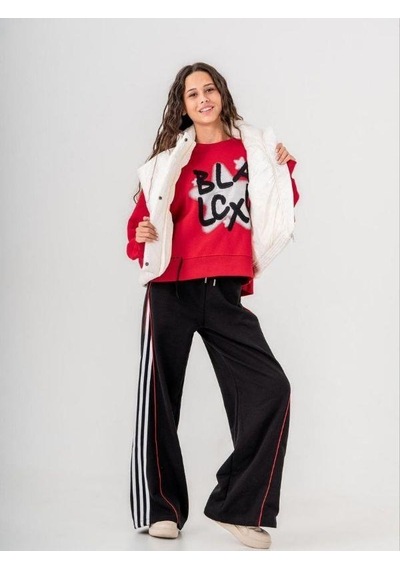 Kız Çocuk Black Yazılı Sweatshirt-14772 Kırmızı