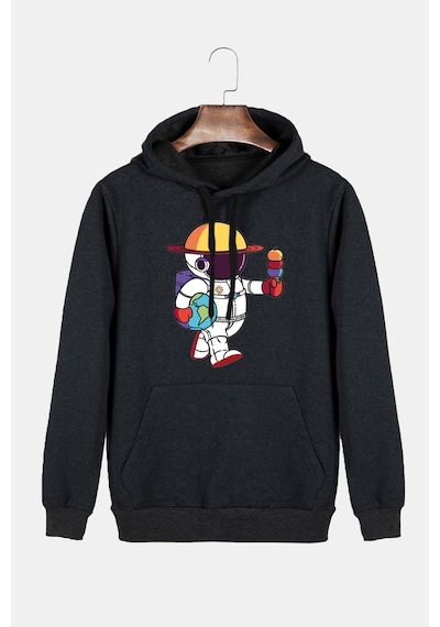 Unisex Antrasit Kapüşonlu Astronot Baskılı Slim Fit Kanguru Cepli Sweatshirt Antrasit