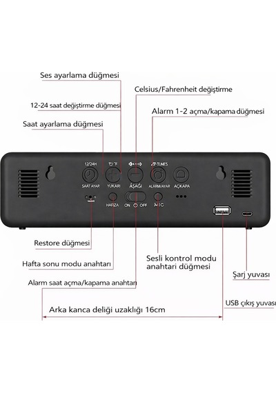 Mdstech Hd Led Aynalı Dijital Masa Saati Sıcaklık Tarih Alarm Usb Şarjlı Elektronik Saat Siyah