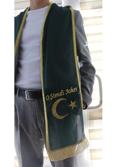 Yeşil Şifon Nakış İşlemeli Kına - Damat - Asker Omuz Şalı Atkısı Örtüsü Gold Ayyıldız Nakış İşleme