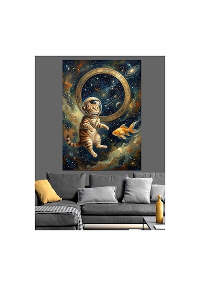 Uzayda Balık Kovalayan Astronot Kedi Yağlı Boya Dokulu Kanvas Tablo Canvas Tablosu