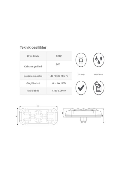Sanel 24v Universal Kare 6 Led Dış Makan Uyumlu Kırımızı Sbd24r6