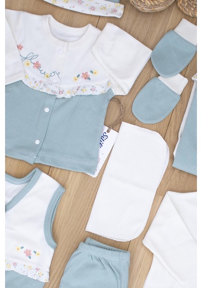 Sitilin Kız Bebek Natural Yeşil İşlemeli süslü Lüks 10 Lu Hastane Çıkışı Set STL6064 Çok Renkli