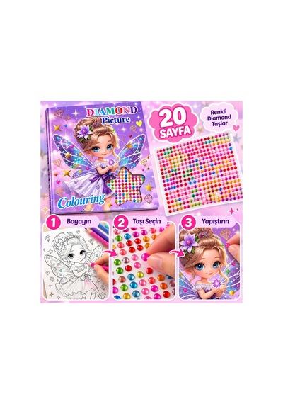 Peri Kızı Taş Yapıştırmalı Boyama Kitabı - 20 Sayfa Renkli Diamond Taşlı Etkinlik Kitabı Peri Kızı Taş Yapıştırmalı Boyama Kitabı - 20 Sayfa Renkli Diamond Taşlı Etkinlik Kitabı