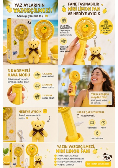 Taşınabilir Mini Fan Peluş Ayıcık Hediyeli Telefon Standlı Masaüstü Fan
