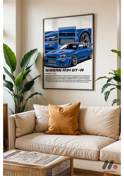 Nissan Skyline R34 Gt-r Mavi Jdm Poster, Siyah Çerçeveli Duvar Tablosu - Oto Severlere Özel Hediye