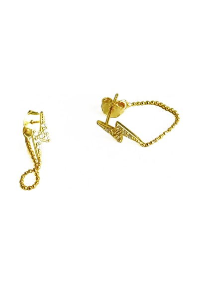 Şimşek Motifli Zincirli Gümüş Küpe - Gold Renk Altın