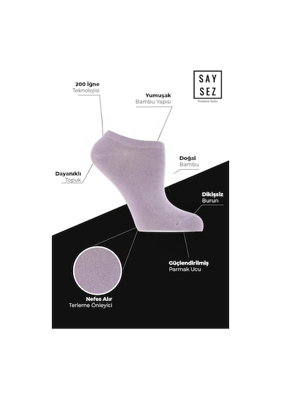 Saysez Bambu Kadın Sneaker Lila-mor Çorap Dikişsiz Görünmez Bilekte Spor Çorap Premium 4'lü Paket Renkli