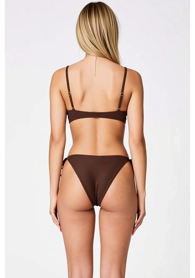Benerly Kadın Bikini Takımı Straplez Kaplı Çiçek Aplikeli Normal Bel Bağc Kahverengi