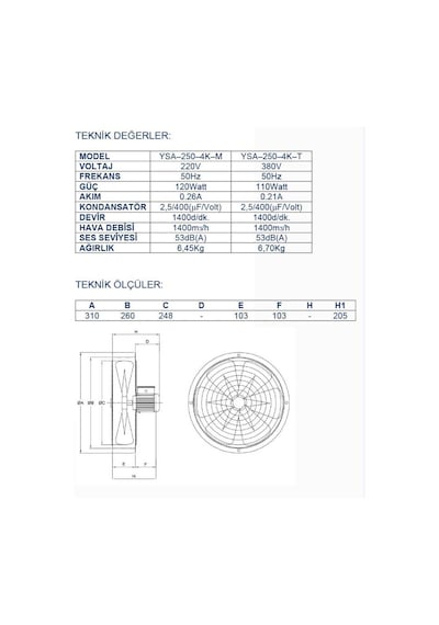 Ayas 25 Cm 1400 D/D Sanayi Tipi Aspiratör 220 Volt Monofaze