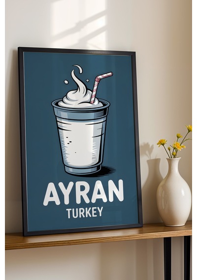 Ayran Tablo - Retro İçecek İllüstrasyon Poster - Türkiye Mutfak Kültürü Serisi - Çerçeve Duvar Dekor Siyah