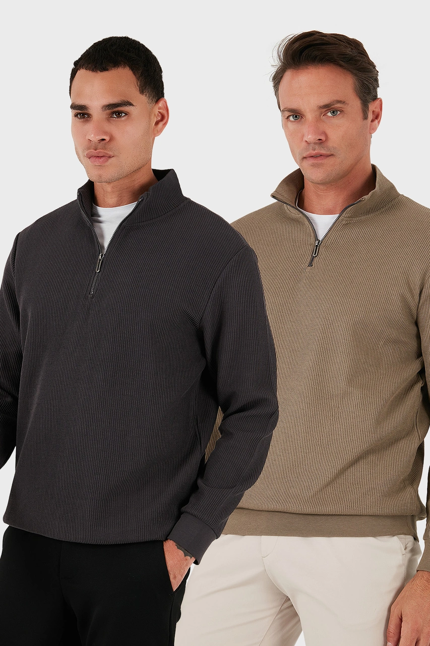 Buratti Pamuklu Regular Fit Yarım Fermuarlı Dik Yaka 2'Li Paket Erkek Sweat 5905716S2 Koyu Vizon-Antrasit