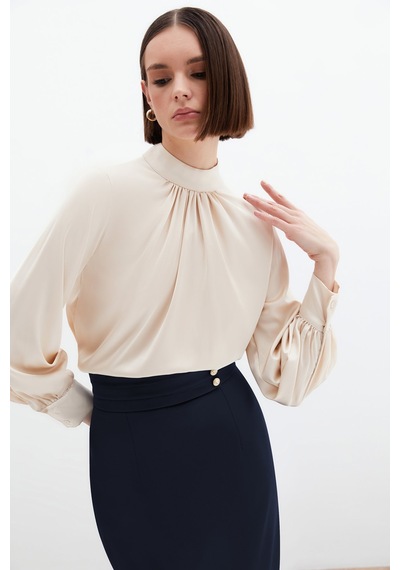 Sateen Yaka Detaylı Saten Bluz - Bej-130534 Bej