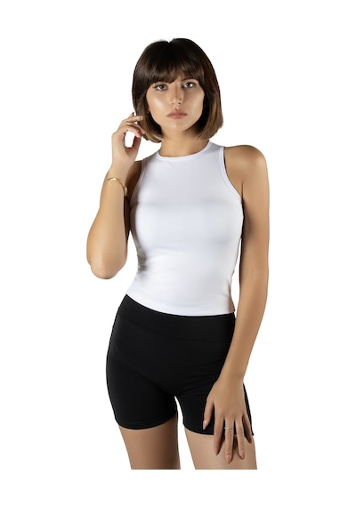 Terapi Men Beyaz Fitted/vücuda Oturan Crop Halter Yaka Spor Bluz Atlet Beyaz