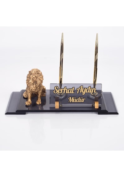 Aslan Biblolu Elit Kristal İsimlik Çift Kalemli Masa İsimliği