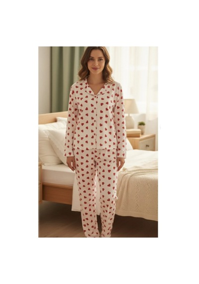 Kadın Boydan Düğmeli Kalpli 2'li Pijama Takım Beyaz Kırmızı