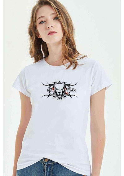 No Fear Pitbull Baskılı Beyaz Kadın Tshirt