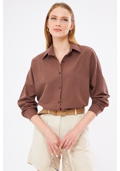 Armonika Kadın Kahve Oversize Uzun Basic Gömlek Arm-22y001118